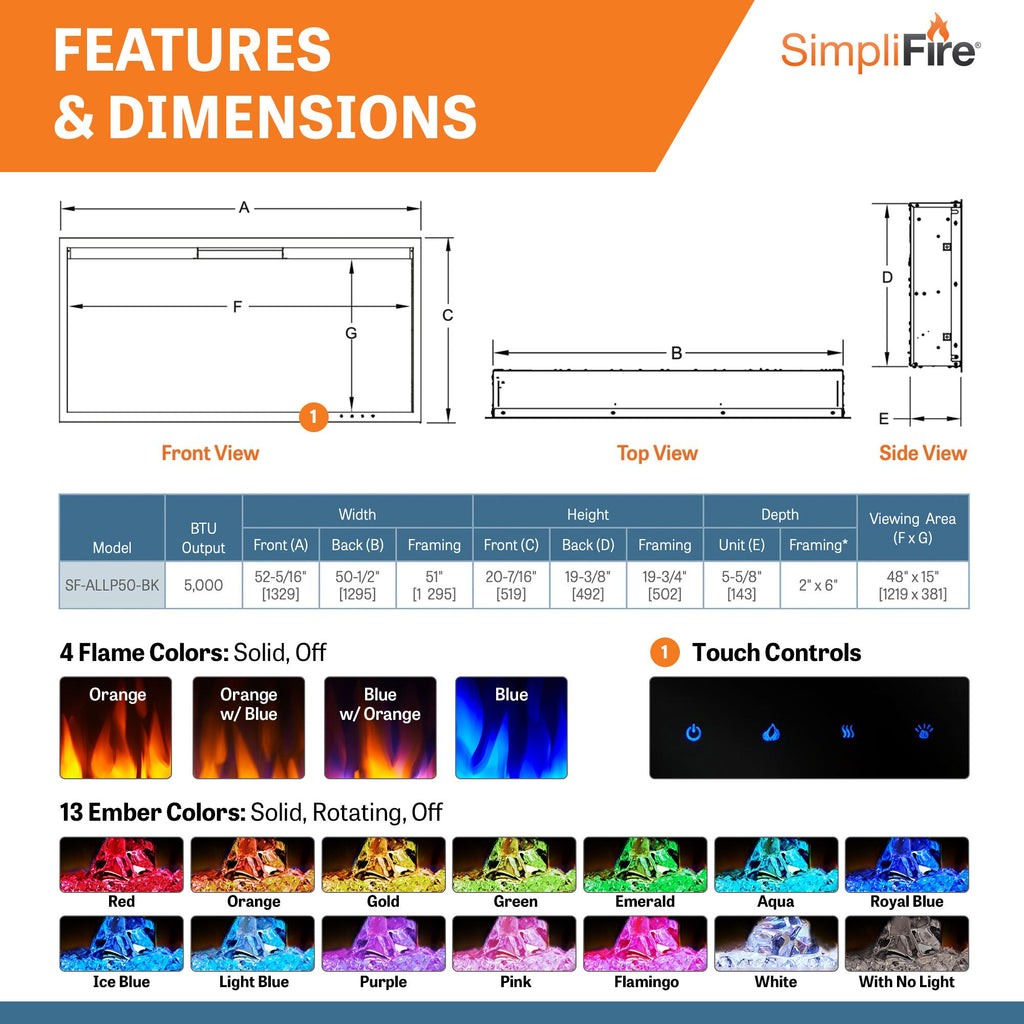 SimpliFire Allusion Platinum 50" Wall Mount/Recessed Linear Electric Fireplace | SF-ALLP50-BK