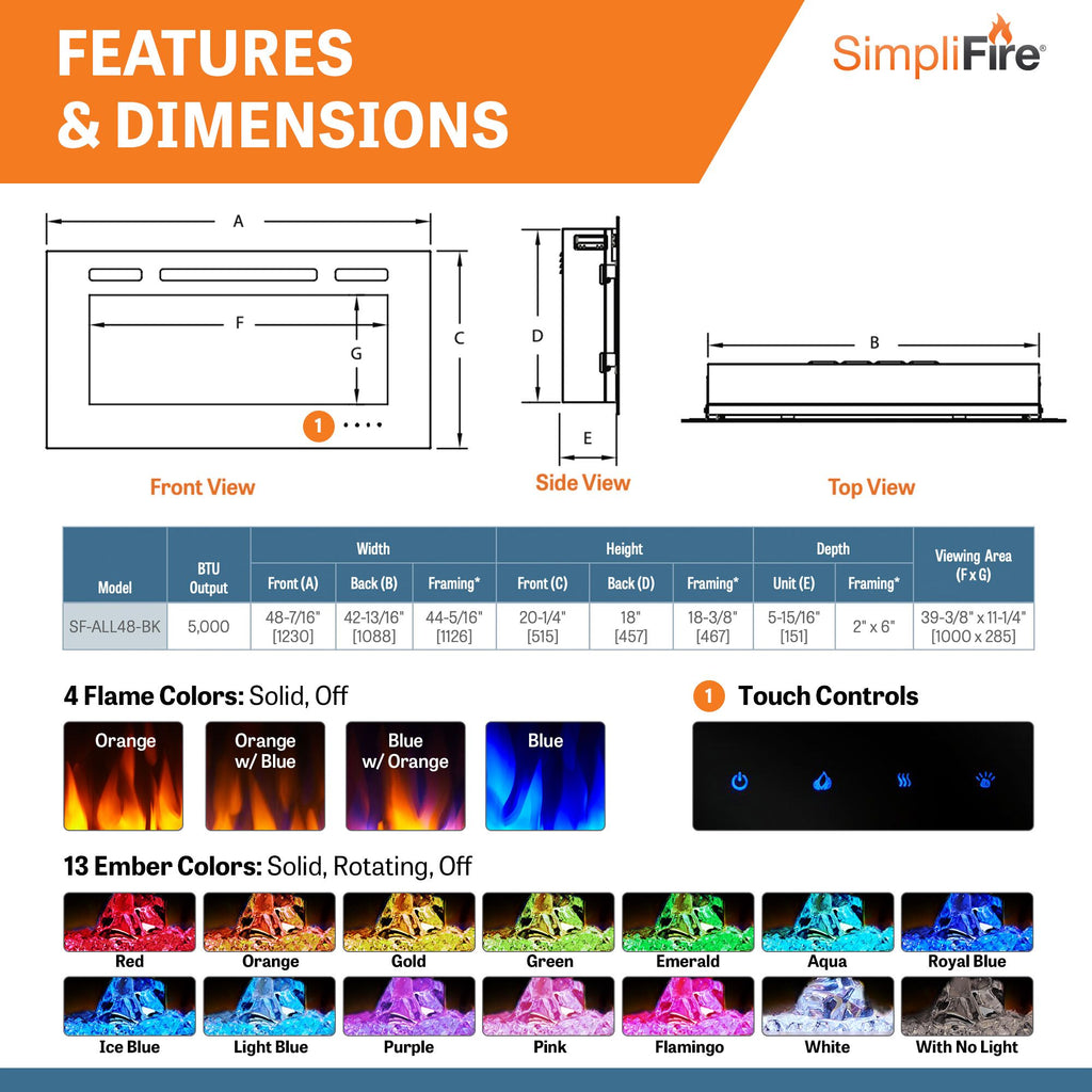 SimpliFire Allusion 48" Wall Mount/Recessed Linear Electric Fireplace | SF-ALL48-BK
