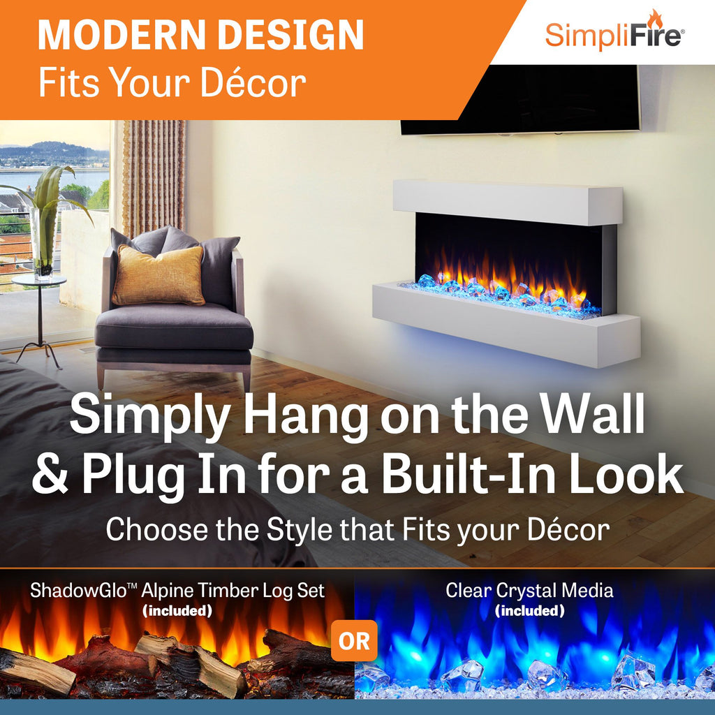 SimpliFire Format 43" Floating Mantel Wall Mount Linear Electric Fireplace | SF-FM43-WH