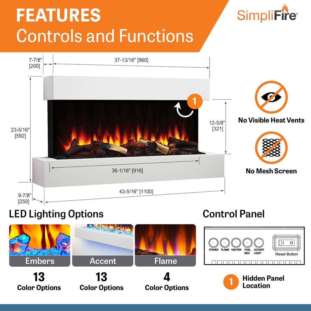SimpliFire Format 43" Floating Mantel Wall Mount Linear Electric Fireplace | SF-FM43-WH