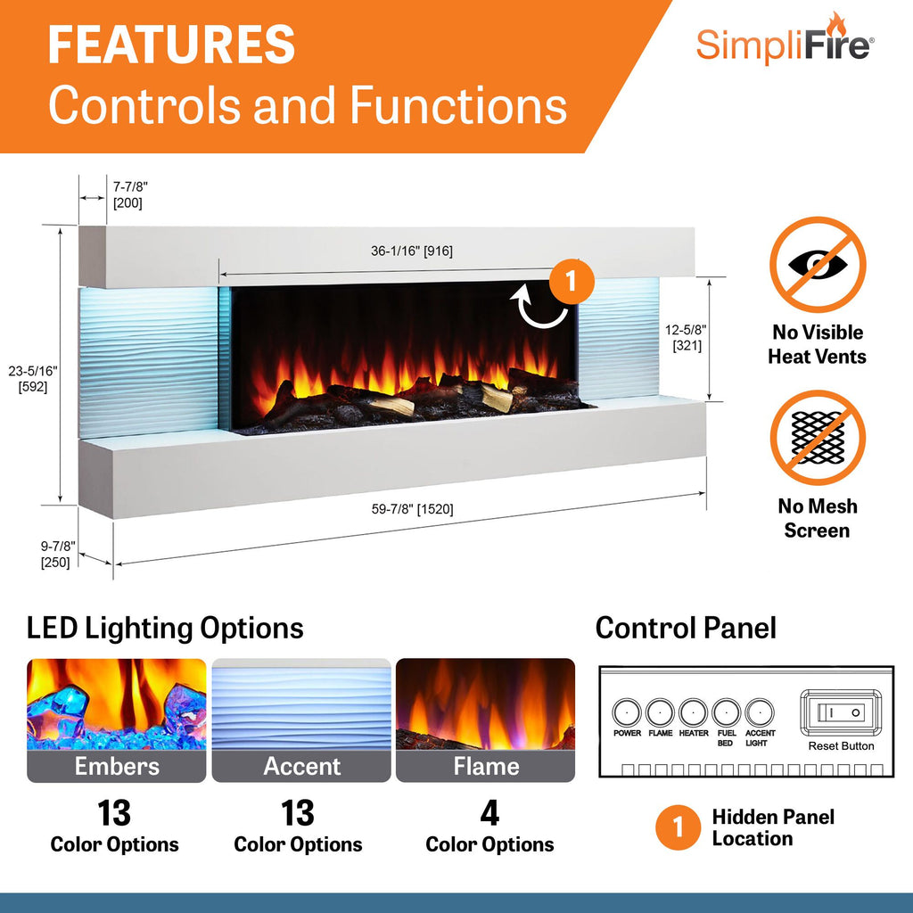 SimpliFire Format 60" Floating Mantel Wall Mount Linear Electric Fireplace | SF-FM60-WH