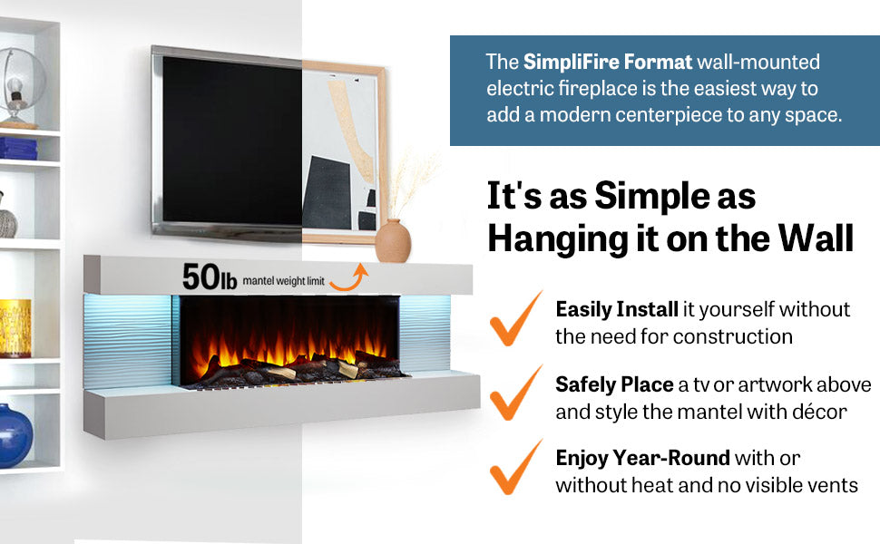 SimpliFire Format 60" Floating Mantel Wall Mount Linear Electric Fireplace | SF-FM60-WH