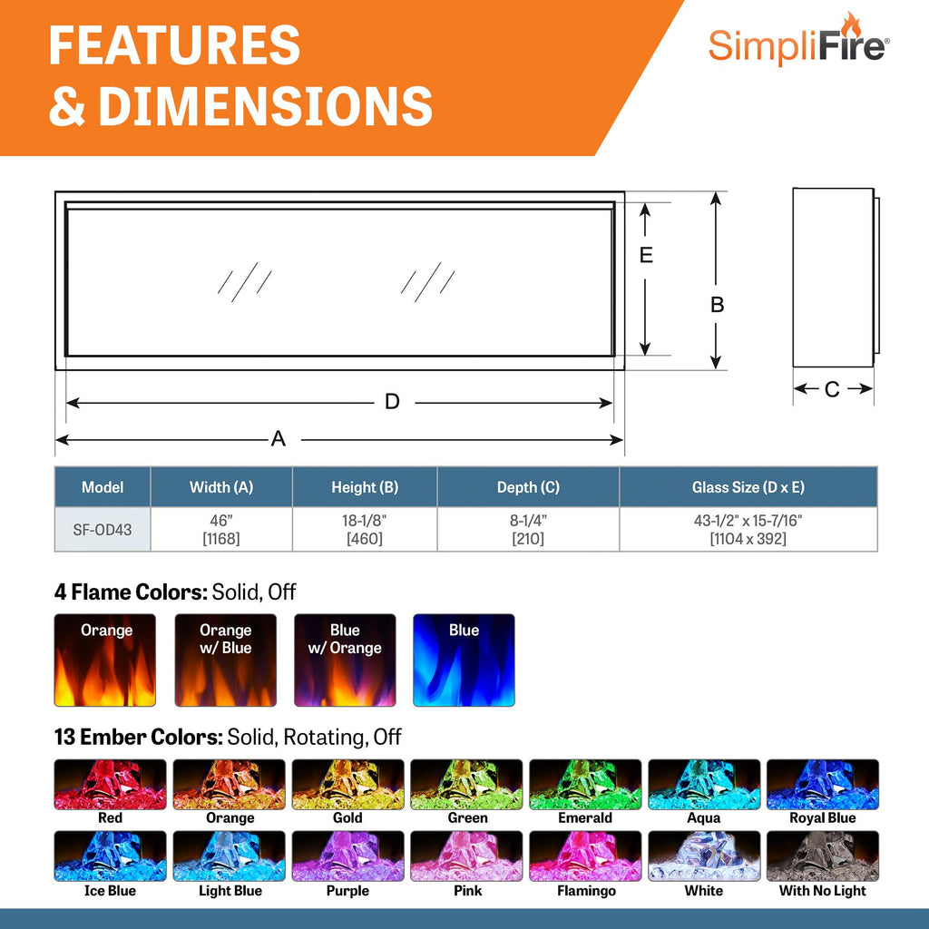 SimpliFire Forum Outdoor 43" Built-In/Recessed Linear Electric Fireplace | SF-OD43