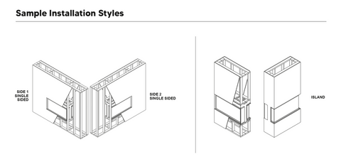 Modern Flames Nova Clear 48" sample installation styles - single sided and island configurations | NOVA48-CLR
