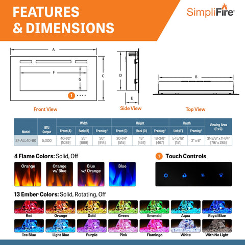 Image of SimpliFire Allusion 40" Wall Mount/Recessed Linear Electric Fireplace | SF-ALL40-BK