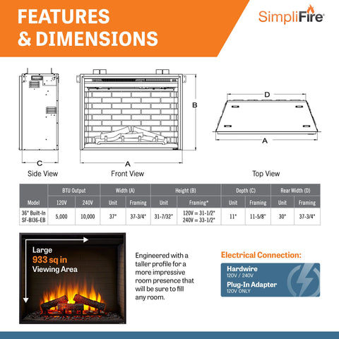 Image of SimpliFire 36" Built-In Electric Fireplace | SF-BI36-EB