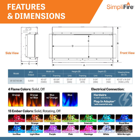 Image of SimpliFire 43” Scion Trinity Electric Fireplace | SF-SCT43-BK